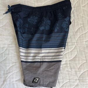 Laguna Blue & Gray Hibiscus Stripe Board Shorts